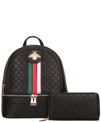 2in1 Bee Accent Quilted Backpack Wallet Set CR-7226WPP BLACK